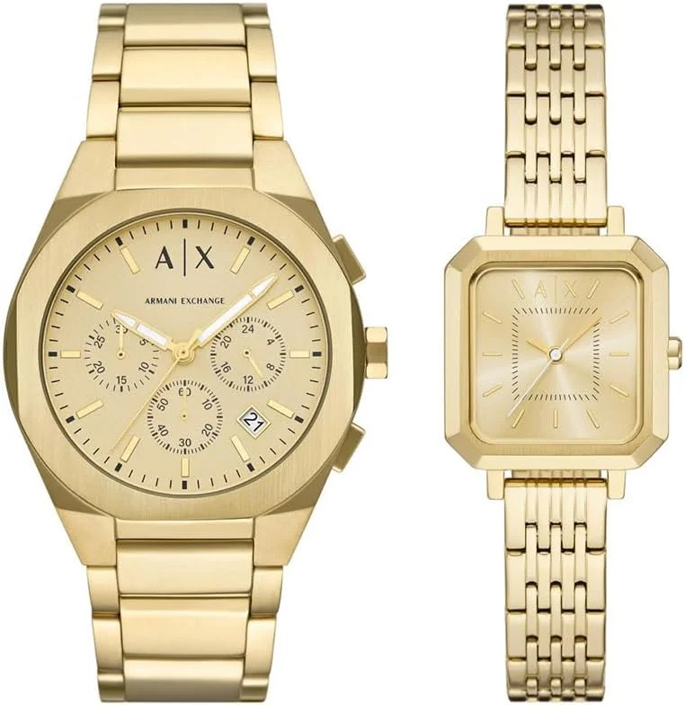 ست هدیه ساعت مچی مردانه و زنانه Armani Exchange A|X Sync Chronograph استیل ضد زنگ طلایی (مدل: AX7171SET)
