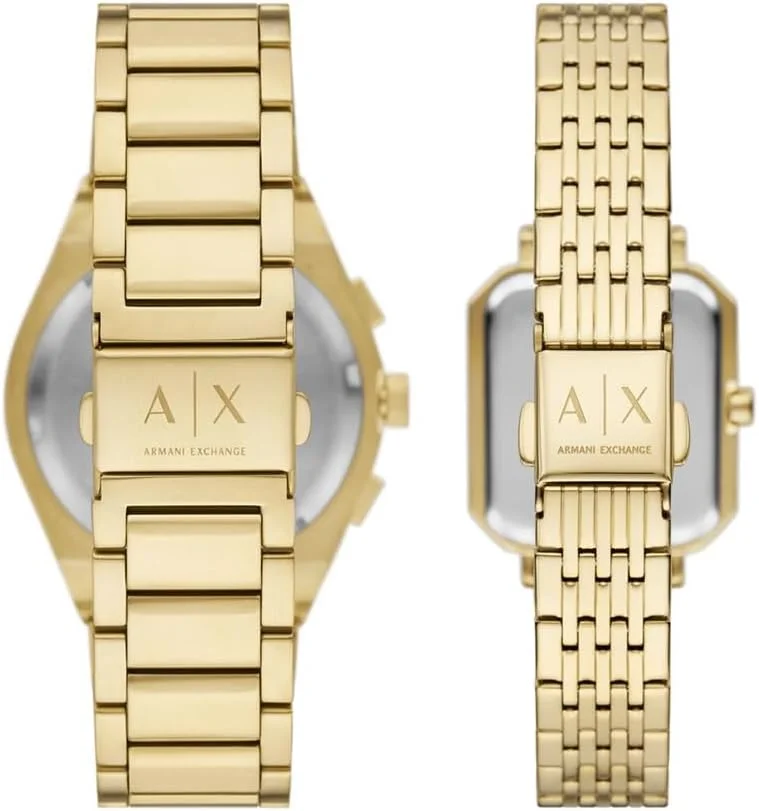 ست هدیه ساعت مچی مردانه و زنانه Armani Exchange A|X Sync Chronograph استیل ضد زنگ طلایی (مدل: AX7171SET) ست هدیه ساعت مچی مردانه و زنانه Armani Exchange A|X Sync Chronograph استیل ضد زنگ طلایی (مدل: AX7171SET)