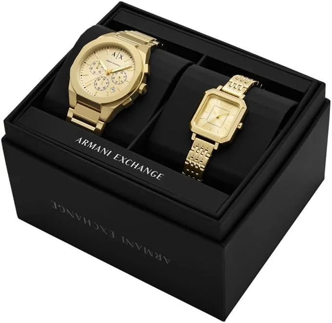 ست هدیه ساعت مچی مردانه و زنانه Armani Exchange A|X Sync Chronograph استیل ضد زنگ طلایی (مدل: AX7171SET) ست هدیه ساعت مچی مردانه و زنانه Armani Exchange A|X Sync Chronograph استیل ضد زنگ طلایی (مدل: AX7171SET)