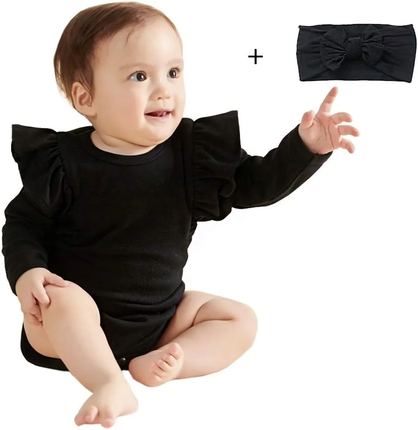 بادی آستین کوتاه/بلند نوزادی O2 BABY پنبه ارگانیک، لباس یکسره унисекс برای نوزاد، کودک نوپا، مشکی، 0-3 ماه