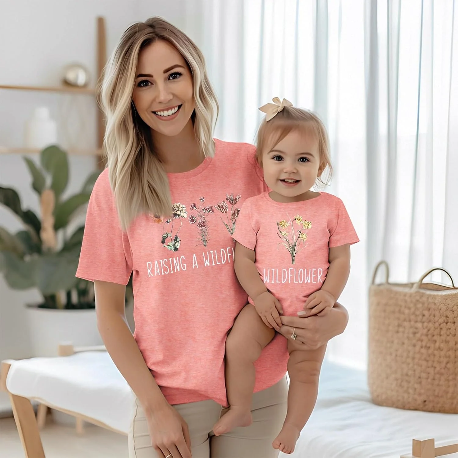 ست تی‌شرت مادر و دختر MODNTOGA با طرح گل وحشی، تی‌شرت مادرانه و بادی نوزادی، لباس ست روز مادر
