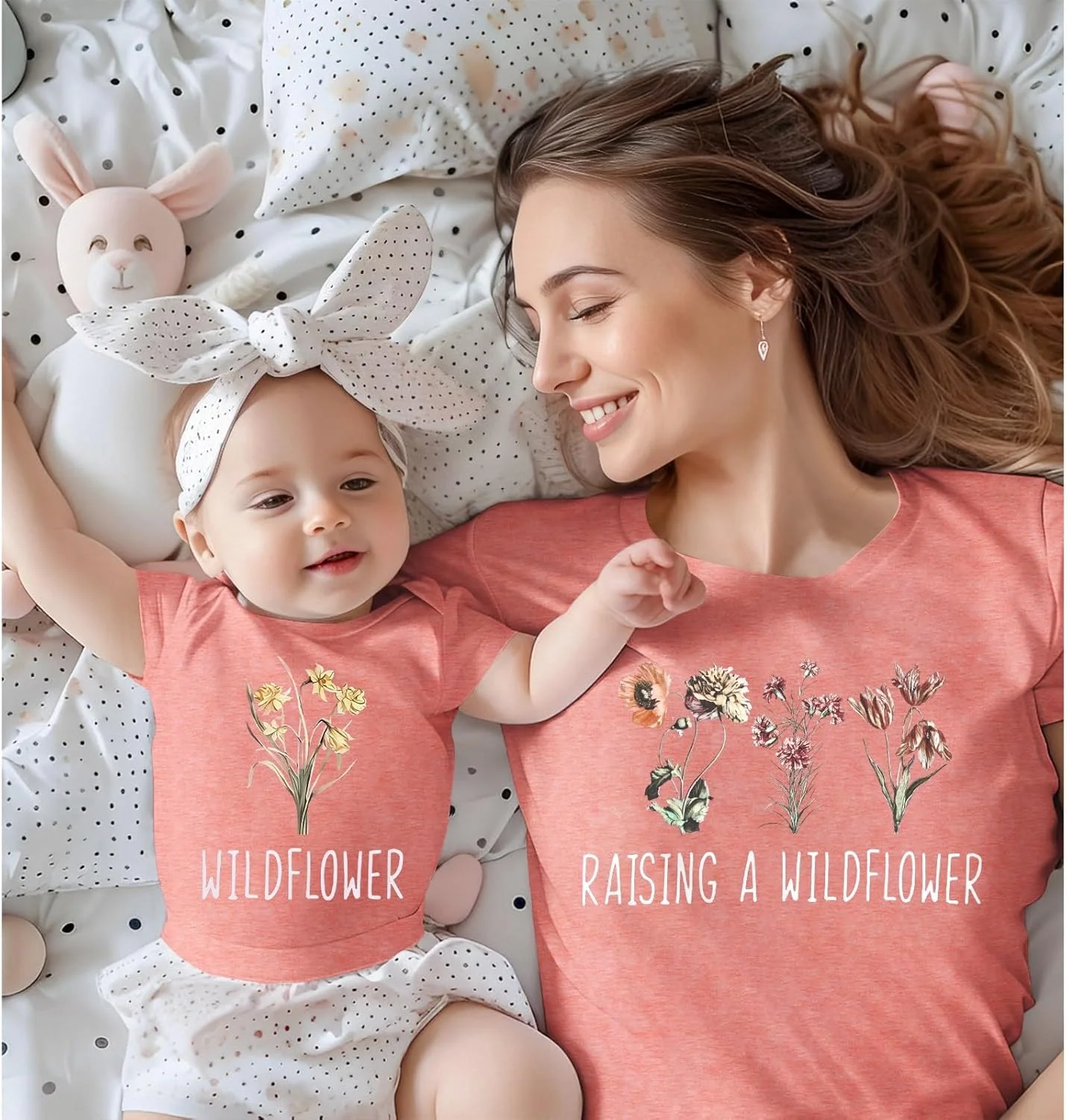 ست تی‌شرت مادر و دختر MODNTOGA با طرح گل وحشی، تی‌شرت مادرانه و بادی نوزادی، لباس ست روز مادر