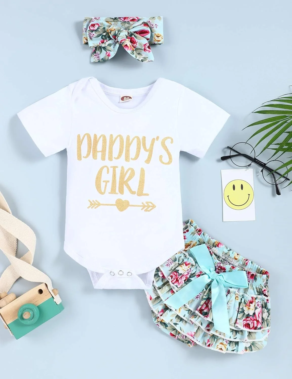 ست لباس نوزاد دخترانه شامل رامپر طرح "دختر بابا"، شورت گلدار و هدبند 3 تکه