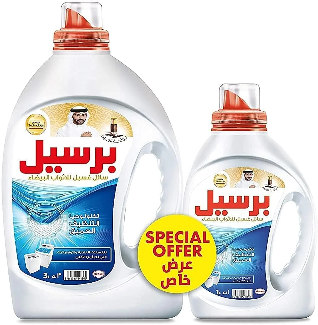 مایع لباسشویی سفید پرسیل، با فناوری پاک کنندگی عمیق برای ماشین های درب از بالا، رایحه عود، 3 لیتر + 1 لیتر