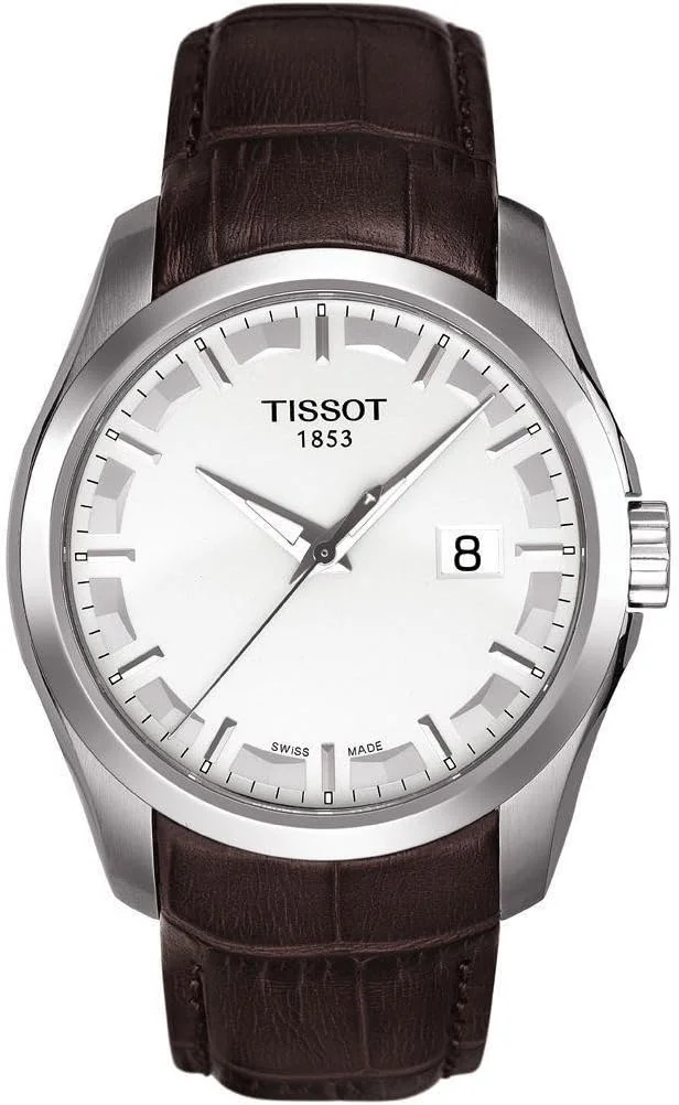 ساعت مچی تیسوت T035.410.16.031.00 کوتوریه صفحه سفید بند چرمی قهوه ای