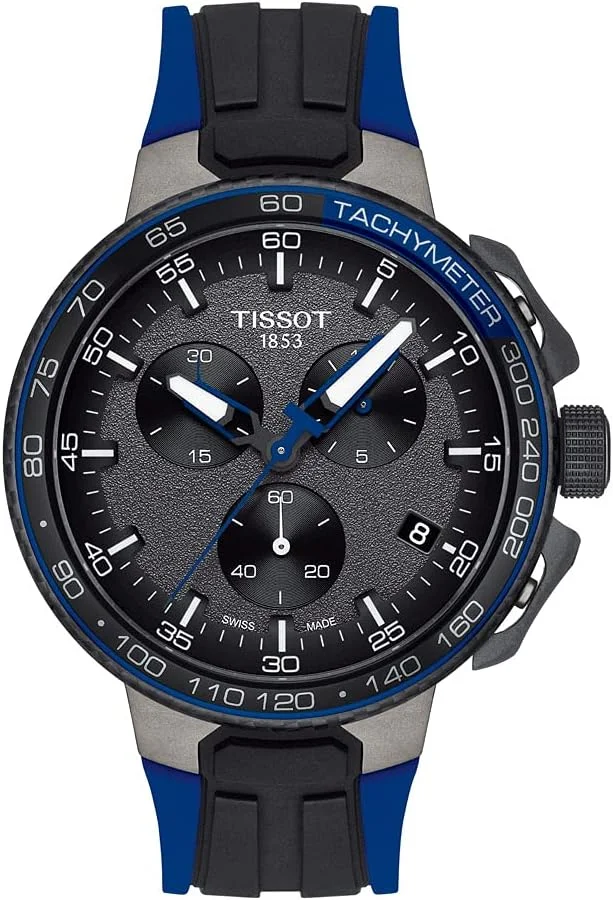 ساعت مچی مردانه تیسوت T-Race Cycling با بدنه استیل ضد زنگ 316L با روکش PVD مشکی، موتور کوارتز سوئیسی با بند سیلیکونی، 18 (مدل: T1114173744106)، آبی، مشکی