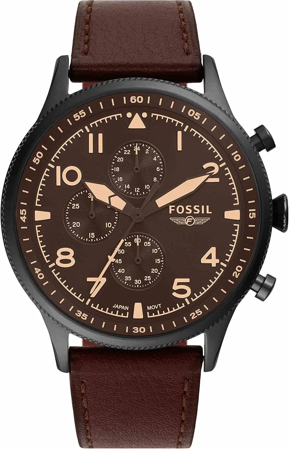 ساعت مچی مردانه فسیل مدل Pilot آنالوگ با صفحه مشکی-FS5833، قهوه ای، کرنوگراف، موتور کوارتز