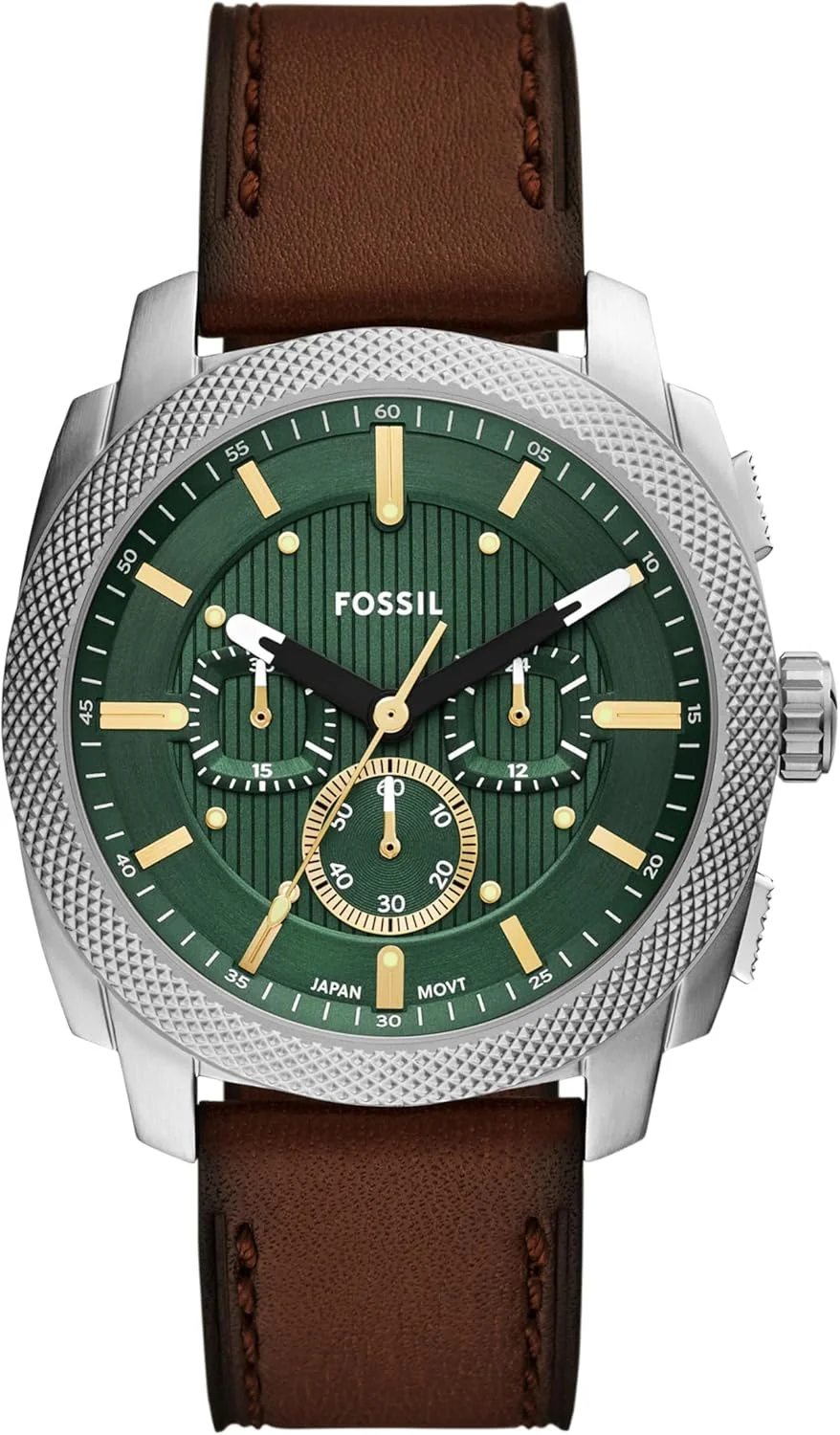 ساعت مچی مردانه فسیل مدل Machine Chronograph، استیل ضد زنگ، چرم قهوه ای/نقره ای/سبز، 44 میلی متر