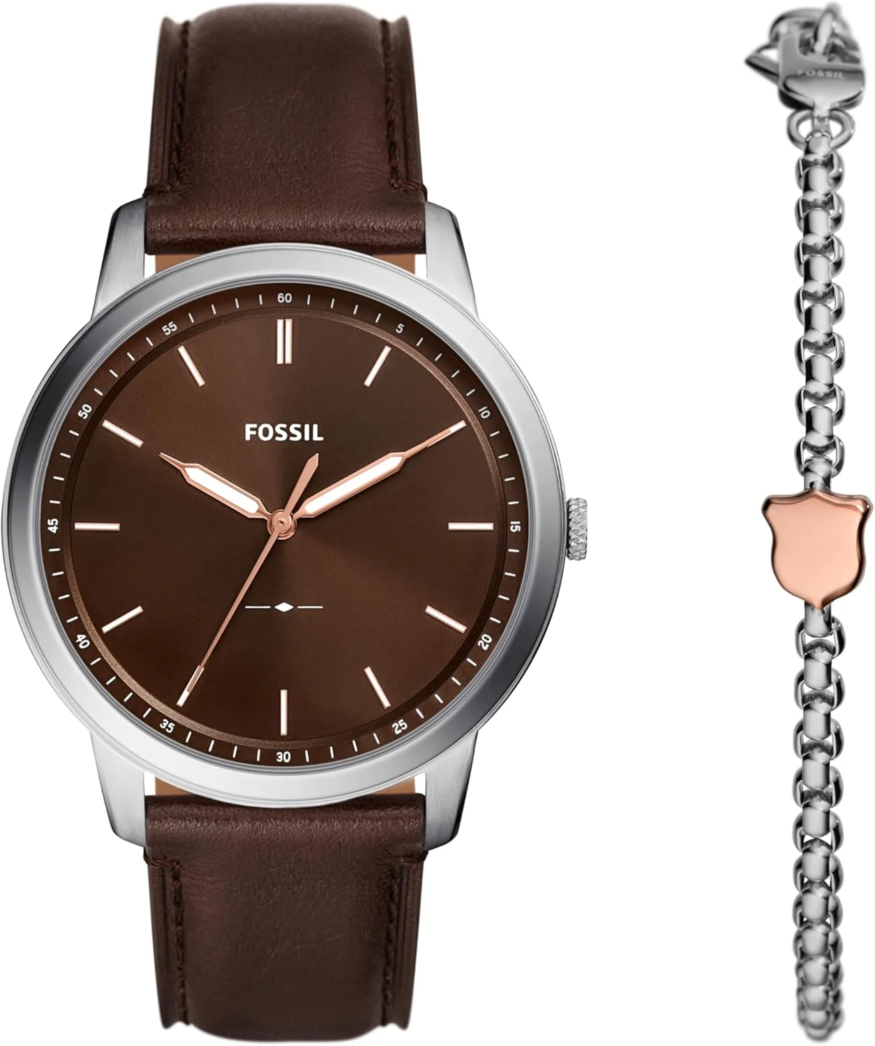 ست هدیه ساعت مچی مردانه فسیل مدل Minimalist Quartz با بند استیل و دستبند، رنگ: نقره ای/ست دستبند قهوه ای (مدل: FS6019SET)
