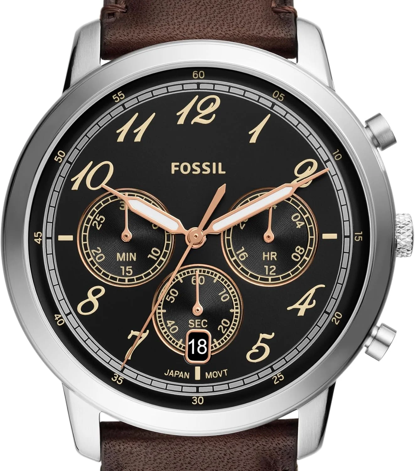 ساعت مچی مردانه فسیل مدل Neutra Arabic Chronograph با بند استیل ضد زنگ، رنگ: نقره ای/قهوه ای/مشکی عربی (مدل: FS6024) ساعت مچی مردانه فسیل مدل Neutra Arabic Chronograph با بند استیل ضد زنگ، رنگ: نقره ای/قهوه ای/مشکی عربی (مدل: FS6024)