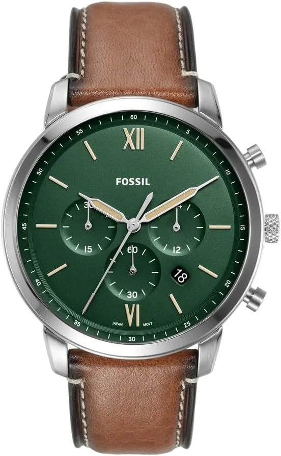 ساعت مچی مردانه فسیل مدل FS5963 Neutra Chronograph با بند چرمی اکو قهوه ای، نقره ای، سایز 21 میلی متر، قهوه ای