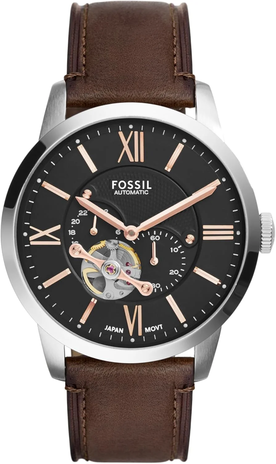 ساعت مچی مردانه فسیل Townsman صفحه مشکی بند چرمی اتوماتیک - Me3061، بند قهوه ای، نمایشگر آنالوگ