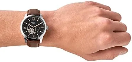 ساعت مچی مردانه فسیل Townsman صفحه مشکی بند چرمی اتوماتیک - Me3061، بند قهوه ای، نمایشگر آنالوگ