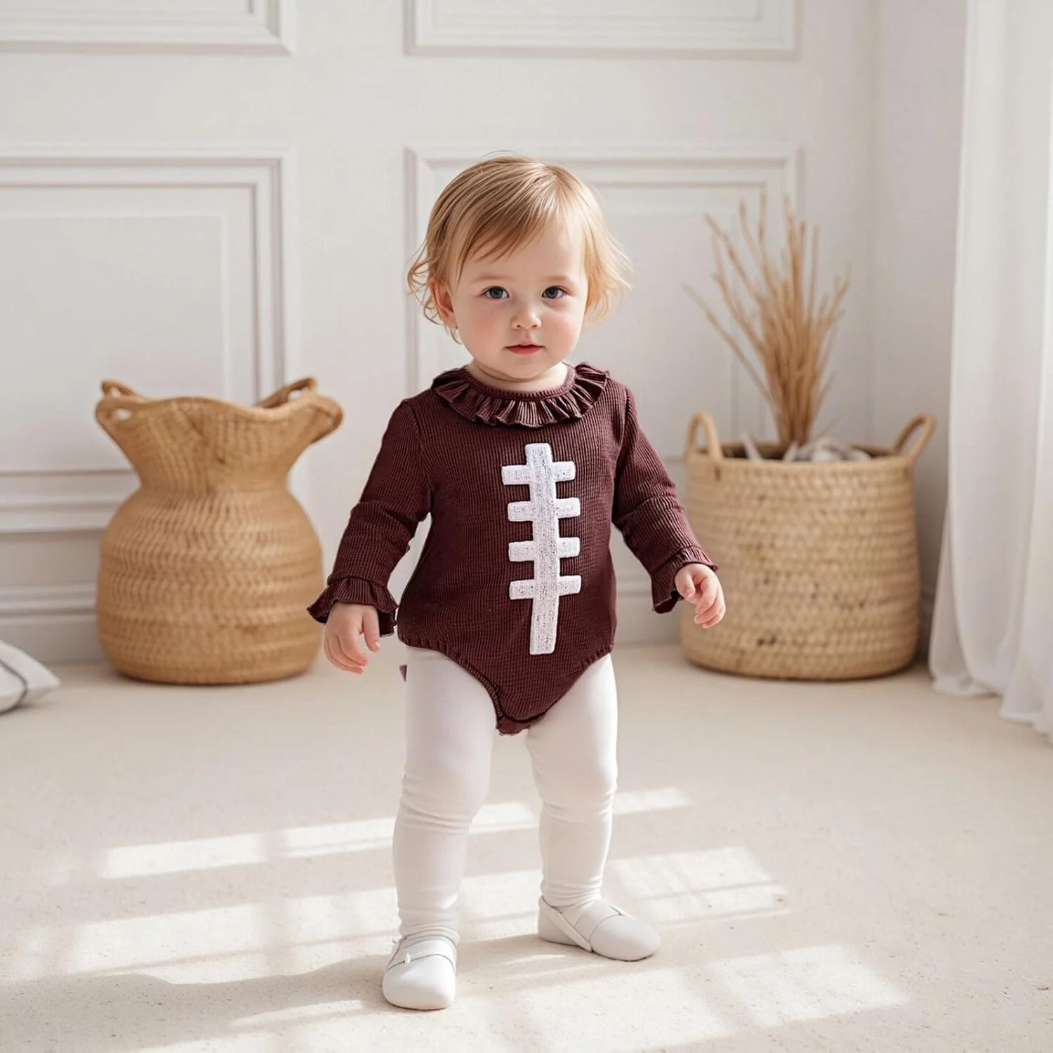 لباس نوزادی فوتبال دخترانه، رامپر حباب دار گلدوزی شده راگبی، یقه چین دار، بادی آستین بلند بافتنی وافل