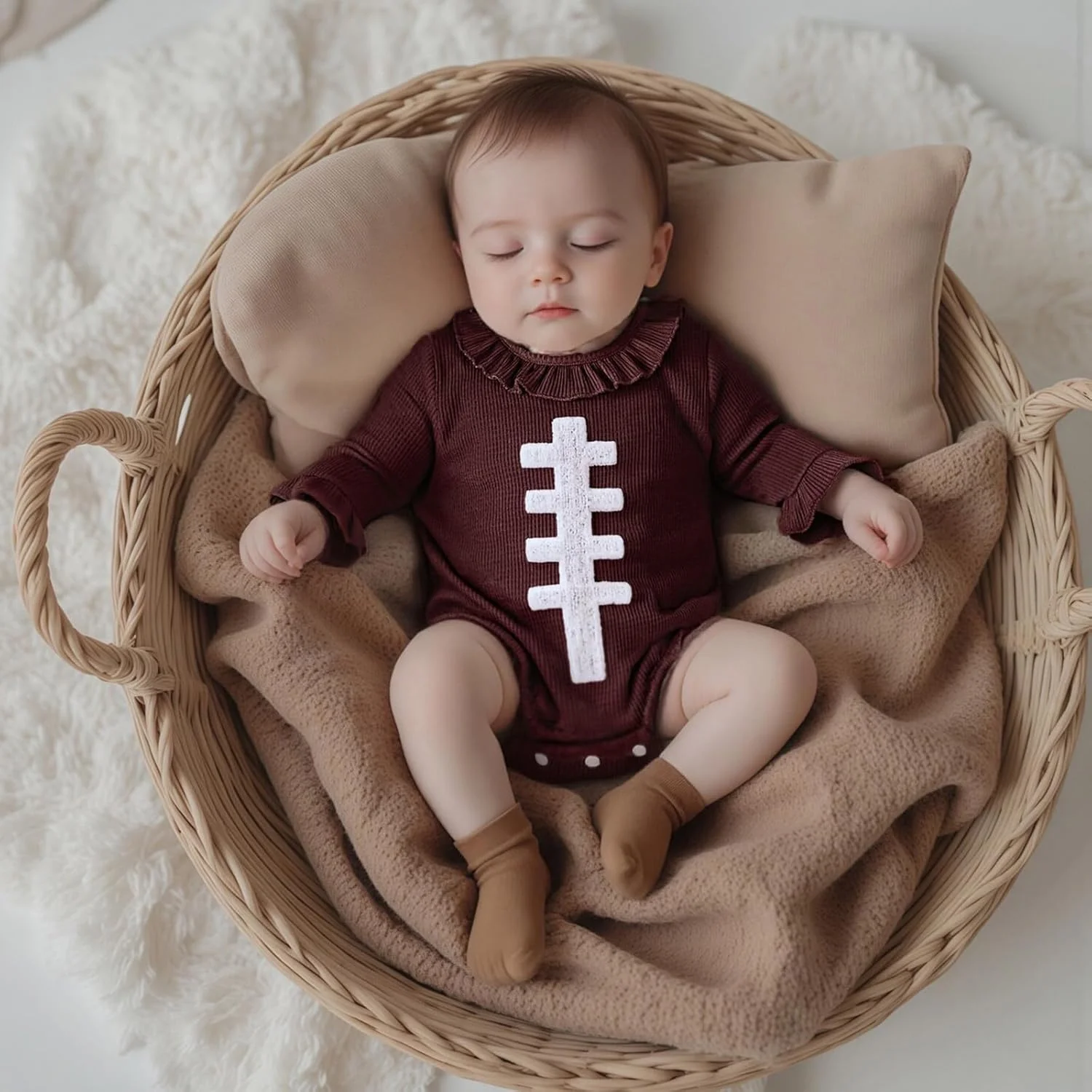 لباس نوزادی فوتبال دخترانه، رامپر حباب دار گلدوزی شده راگبی، یقه چین دار، بادی آستین بلند بافتنی وافل