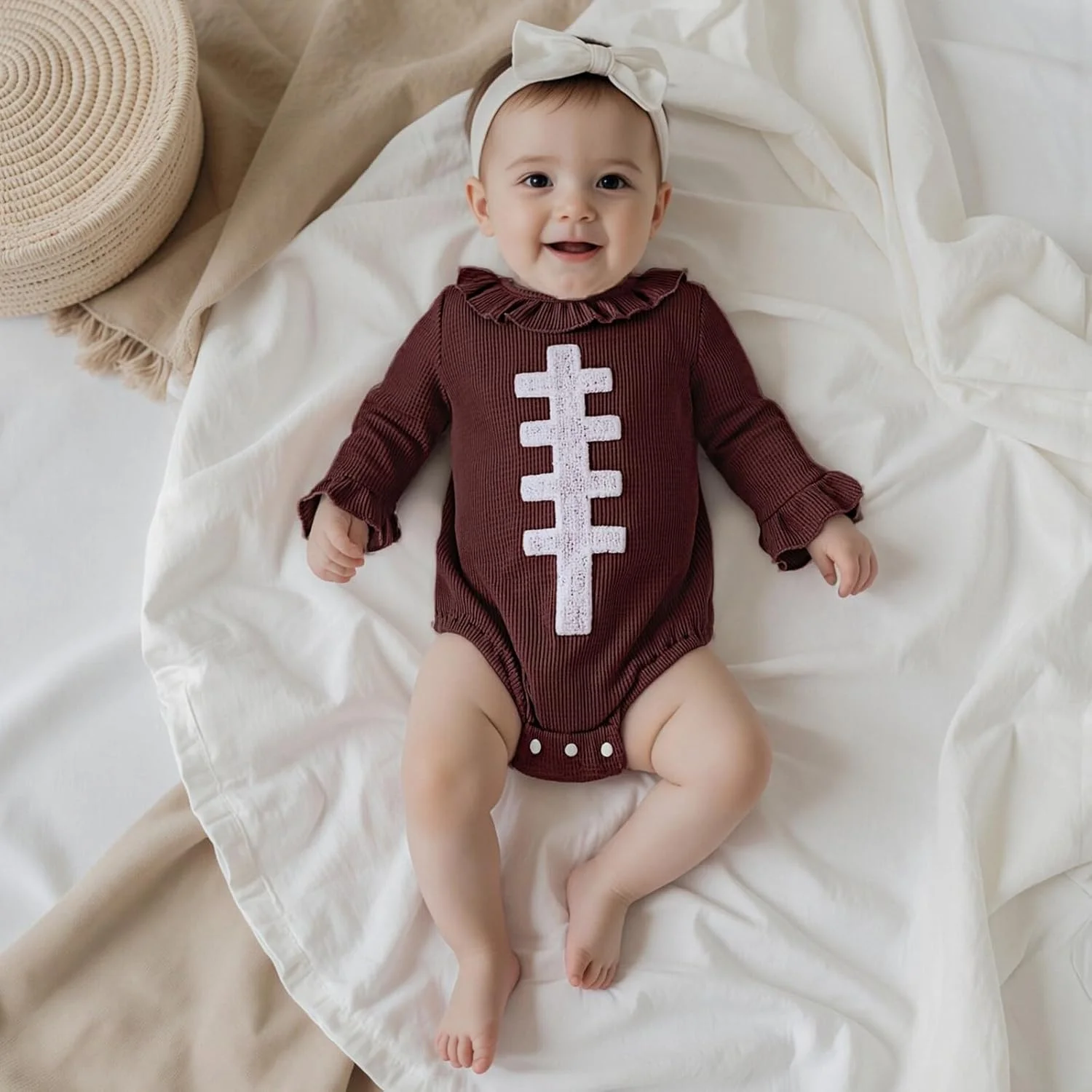 لباس نوزادی فوتبال دخترانه، رامپر حباب دار گلدوزی شده راگبی، یقه چین دار، بادی آستین بلند بافتنی وافل