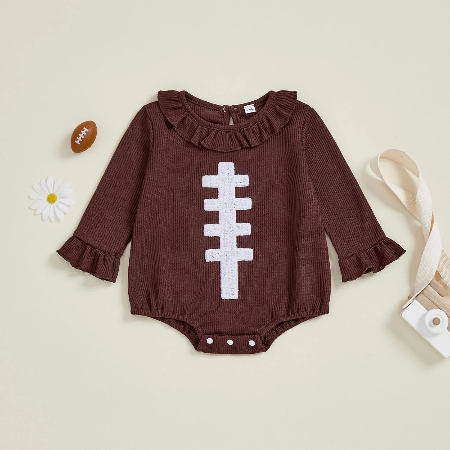 لباس نوزادی فوتبال دخترانه، رامپر حباب دار گلدوزی شده راگبی، یقه چین دار، بادی آستین بلند بافتنی وافل