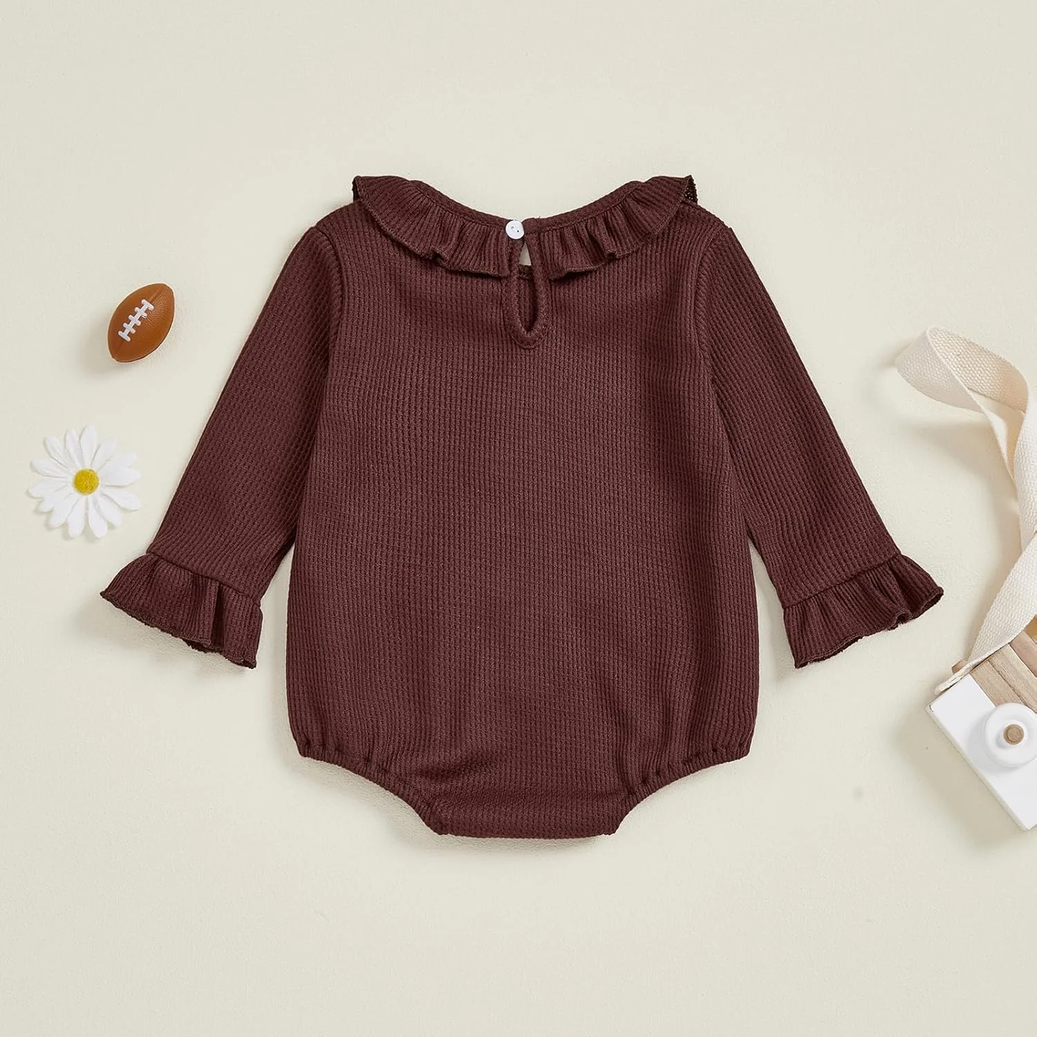 لباس نوزادی فوتبال دخترانه، رامپر حباب دار گلدوزی شده راگبی، یقه چین دار، بادی آستین بلند بافتنی وافل