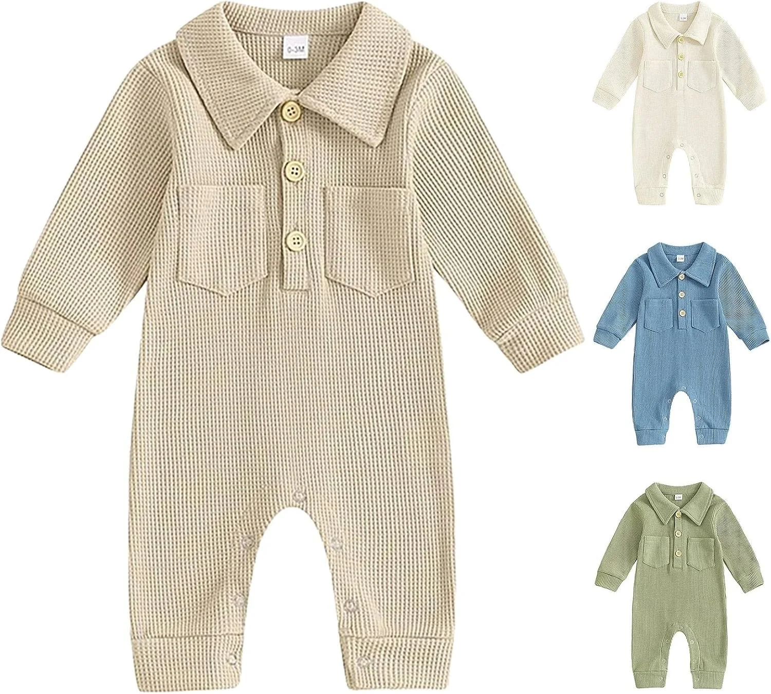 CsgrFagr لباس نوزادی پسرانه مدل پاییز و زمستان یقه برگردان آستین بلند یک رنگ سرهمی توری لباس کودک