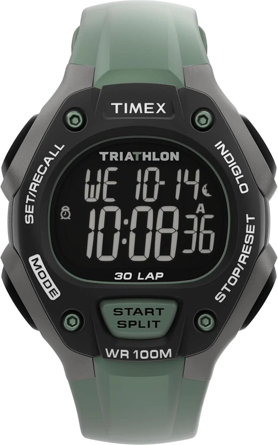 ساعت مردانه تایمکس مدل Triathlon Classic با قطر 38 میلی‌متر - بند سبز PU دو تکه با صفحه دیجیتال و قاب مشکی TW5M67300