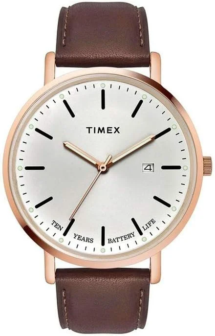 ساعت مچی مردانه Timex با بند چرمی، عمر باتری ده ساله، صفحه آنالوگ سفید - TWeg17703، رنگ بند- قهوه ای