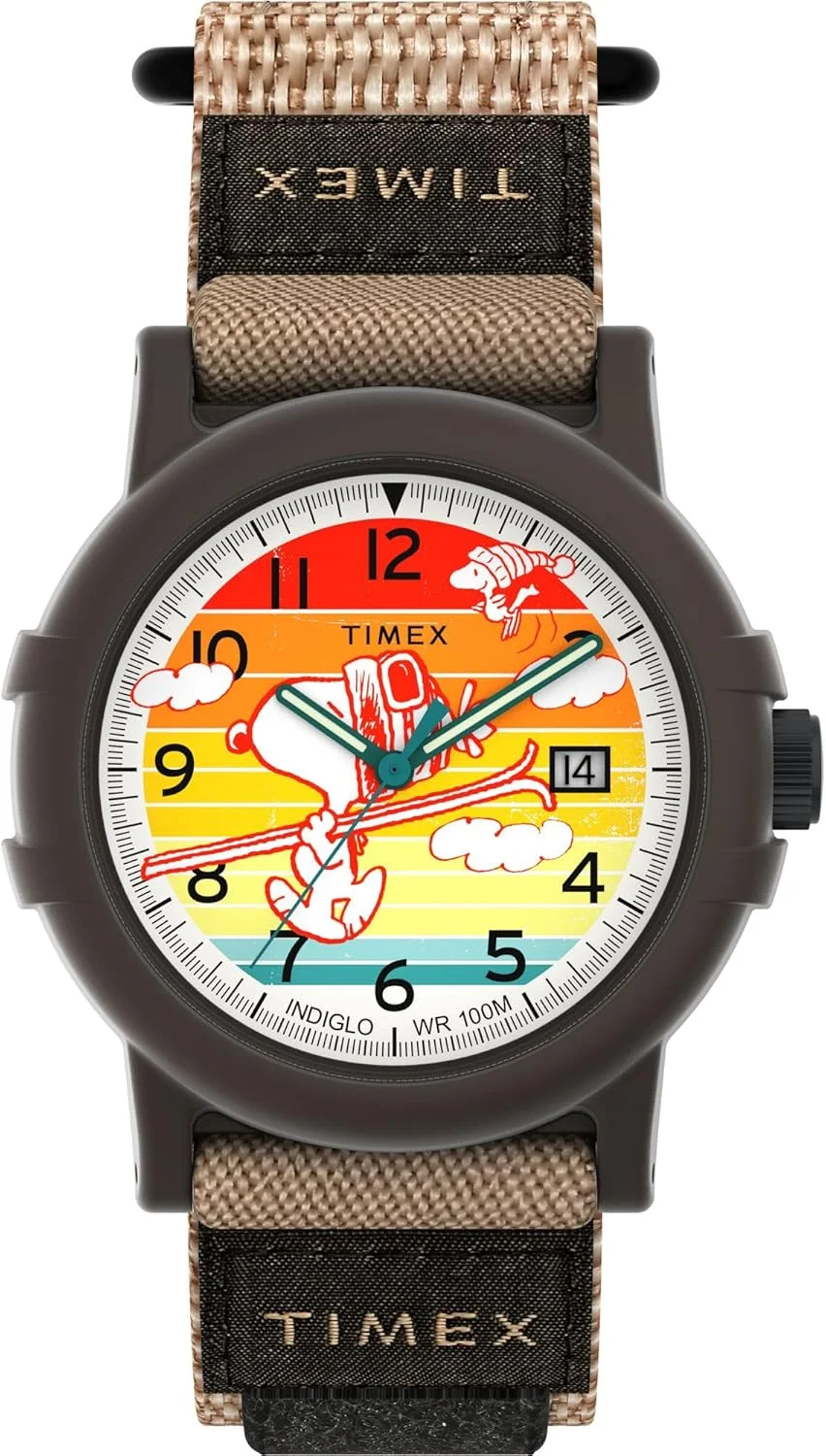 ساعت مردانه تایمکس Peanuts Camper 38mm - بند قهوه ای Fastwrap صفحه قرمز قاب مشکی