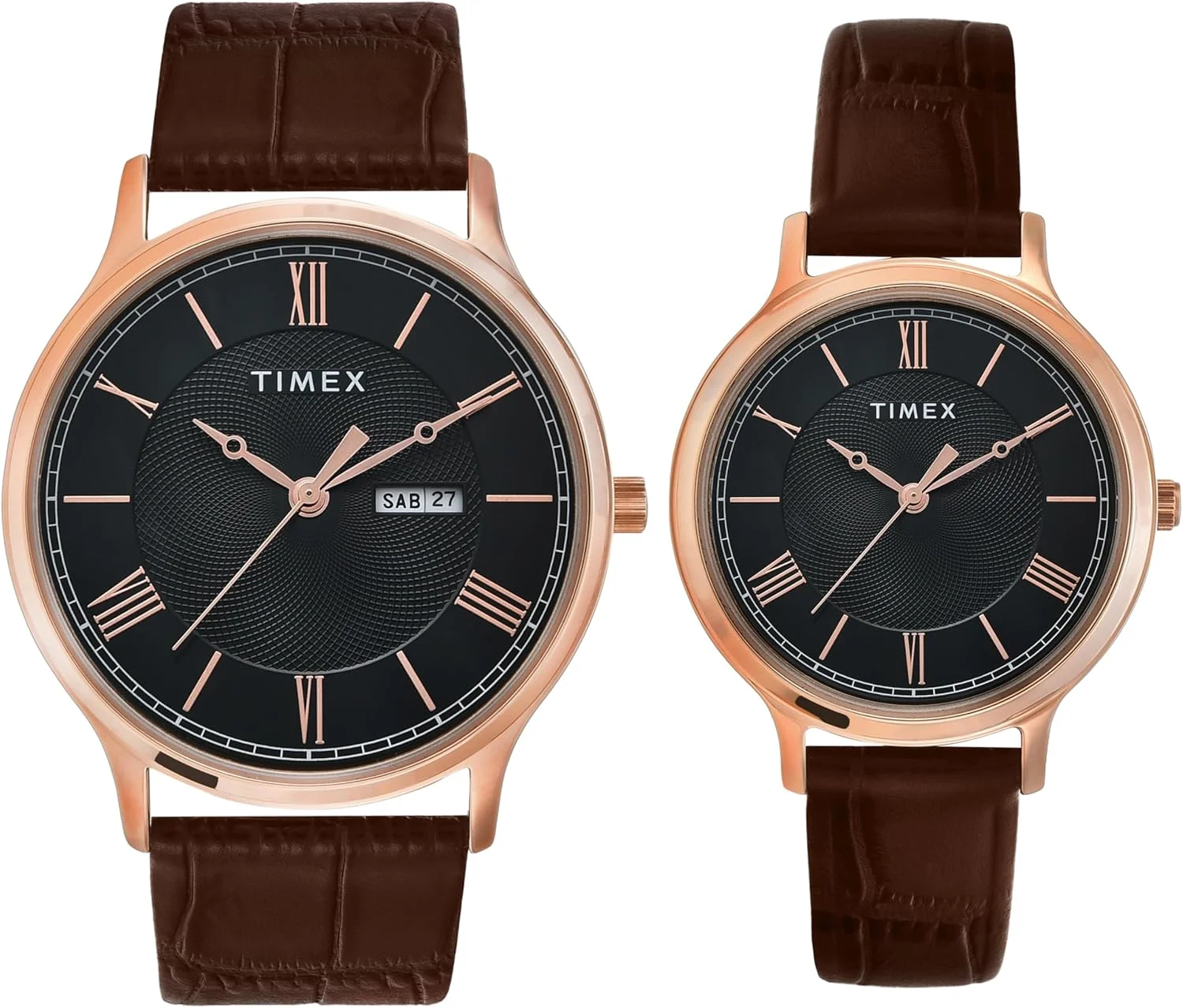 ساعت آنالوگ کلاسیک TIMEX برای زنانه و مردانه با صفحه گرد مشکی و بند چرمی قهوه ای ضد آب - TW00PR301