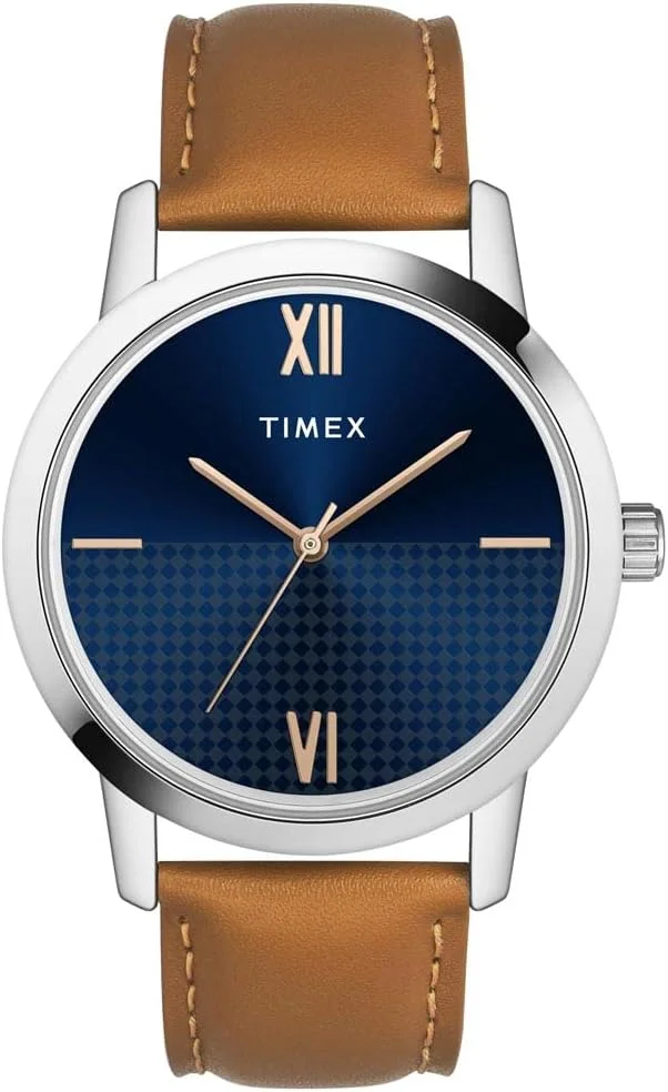 ساعت مچی آنالوگ مردانه TIMEX با صفحه گرد آبی و بند چرمی قهوه ای، ضد آب - مدل TWTG31SMU01