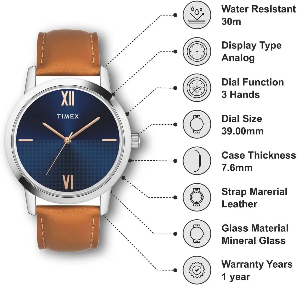 ساعت مچی آنالوگ مردانه TIMEX با صفحه گرد آبی و بند چرمی قهوه ای، ضد آب - مدل TWTG31SMU01