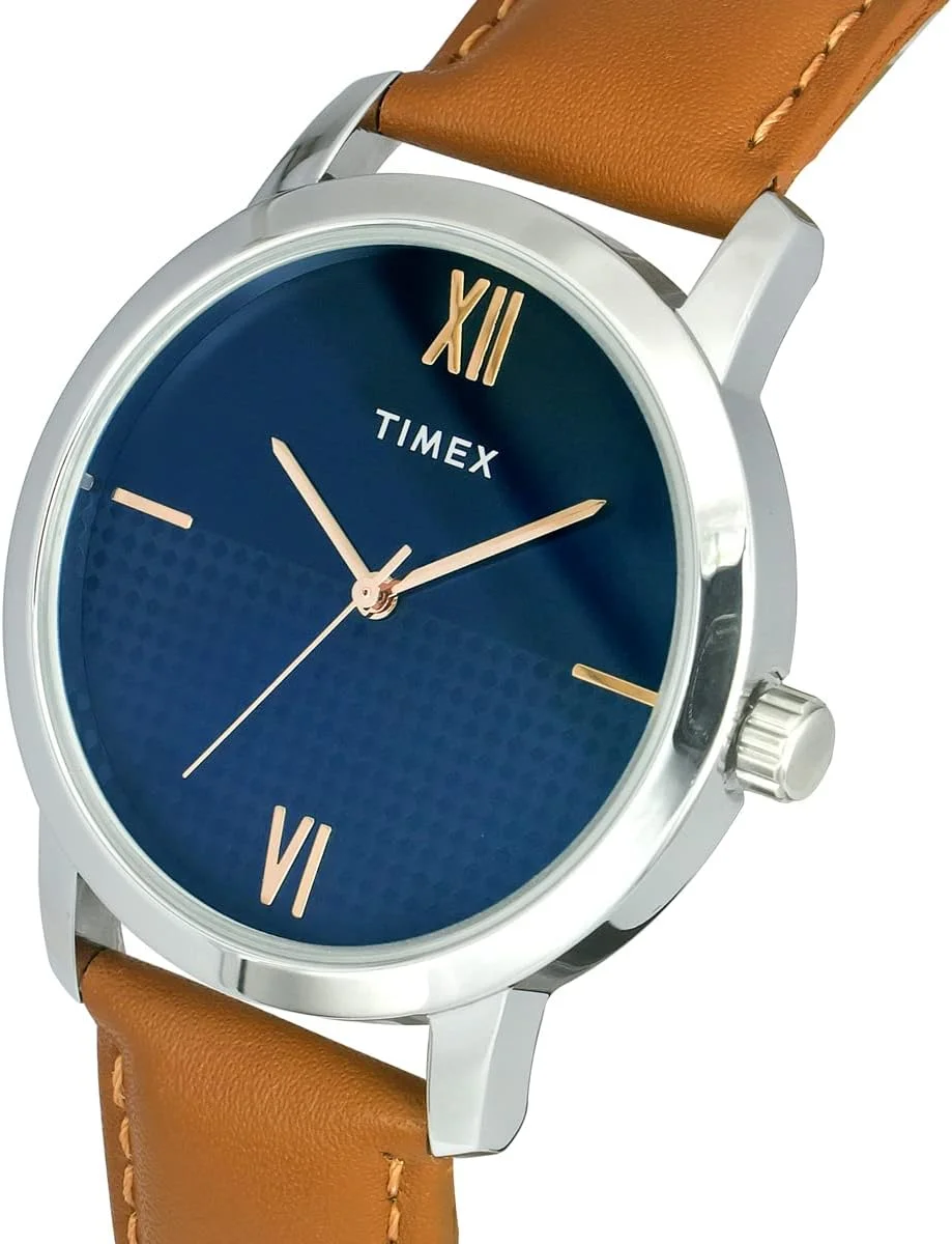 ساعت مچی آنالوگ مردانه TIMEX با صفحه گرد آبی و بند چرمی قهوه ای، ضد آب - مدل TWTG31SMU01
