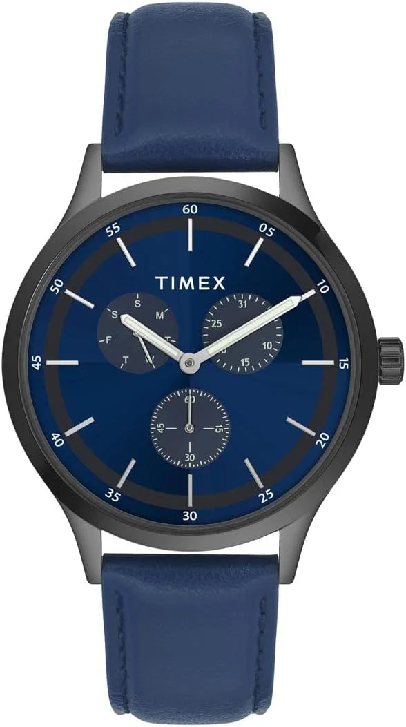 ساعت مچی آنالوگ مردانه TIMEX با صفحه گرد آبی و بند چرمی آبی ضد آب - TWHG03SMU14