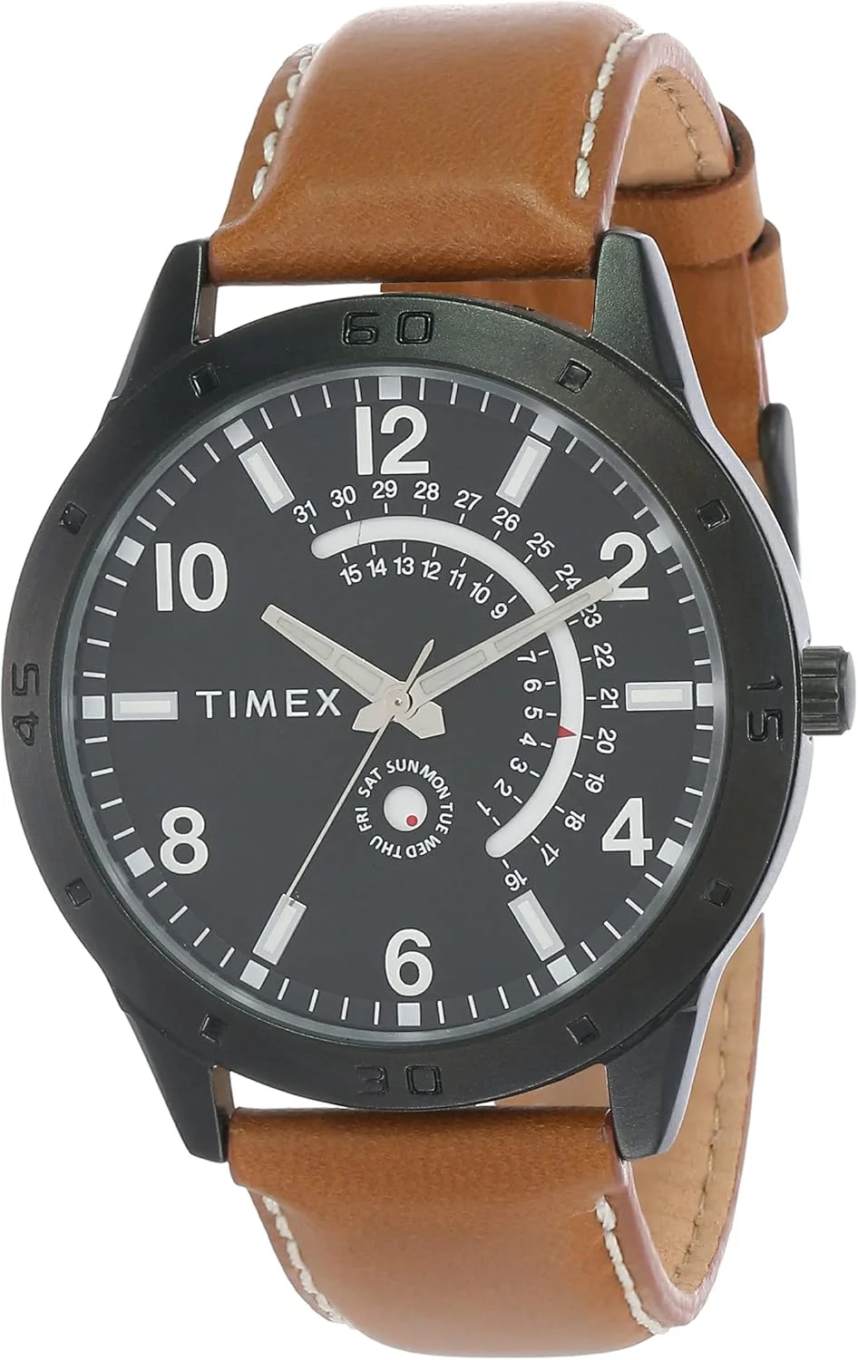 ساعت مچی آنالوگ مردانه TIMEX با صفحه گرد مشکی و بند چرمی قهوه ای مقاوم در برابر آب - TW000U928