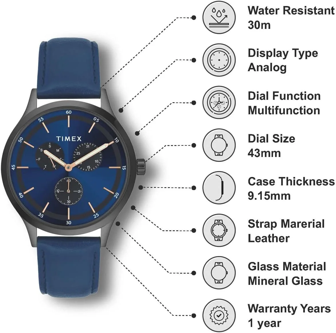 ساعت مچی آنالوگ مردانه TIMEX با صفحه گرد آبی و بند چرمی آبی ضد آب - TWHG03SMU14