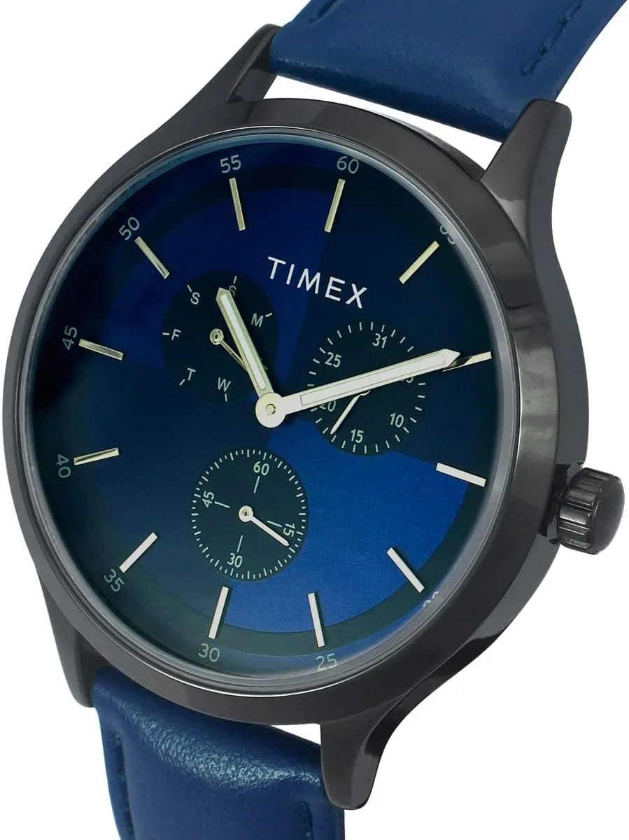 ساعت مچی آنالوگ مردانه TIMEX با صفحه گرد آبی و بند چرمی آبی ضد آب - TWHG03SMU14