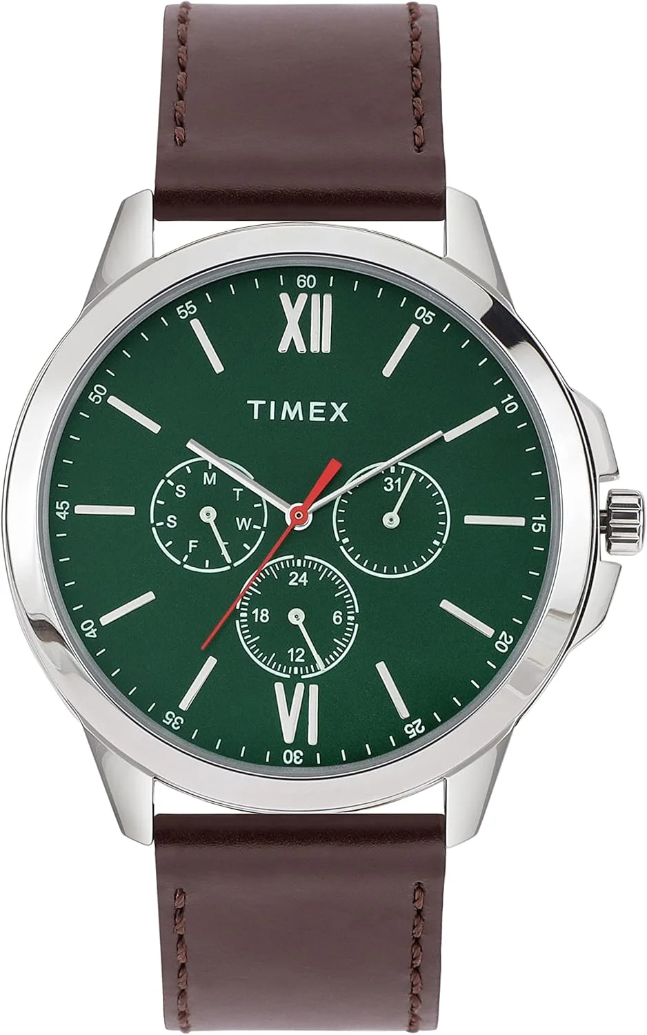 ساعت مچی آنالوگ مردانه TIMEX با صفحه گرد سبز و بند چرمی قهوه ای مقاوم در برابر آب - TWEG165SMU11