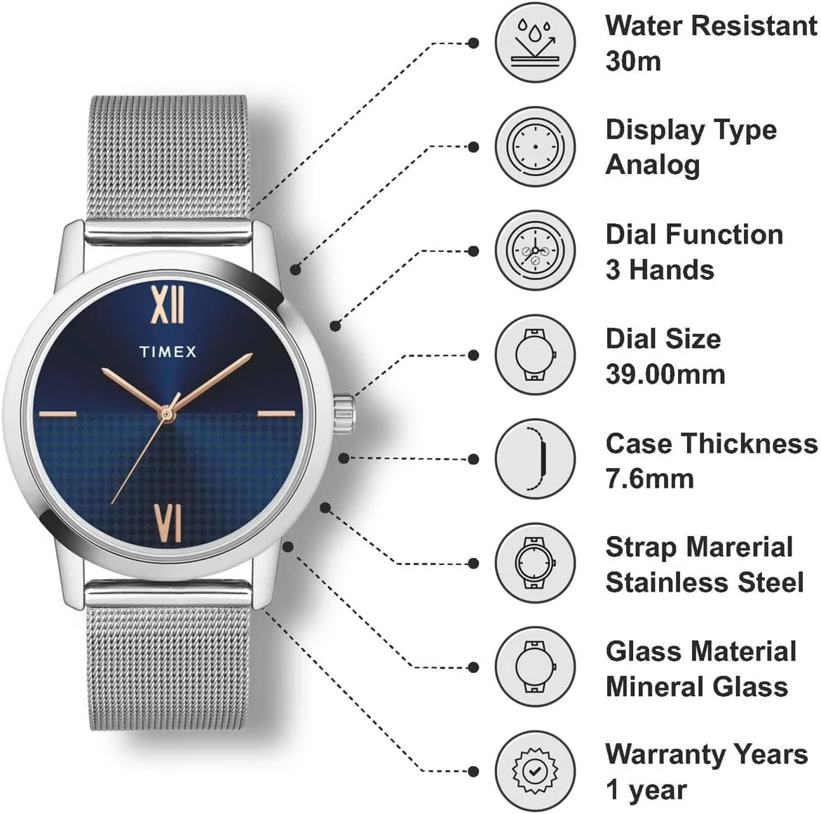 ساعت مچی آنالوگ مردانه TIMEX با صفحه گرد آبی و بند استیل ضد زنگ نقره ای مقاوم در برابر آب - TWTG31SMU05 ساعت مچی آنالوگ مردانه TIMEX با صفحه گرد آبی و بند استیل ضد زنگ نقره ای مقاوم در برابر آب - TWTG31SMU05