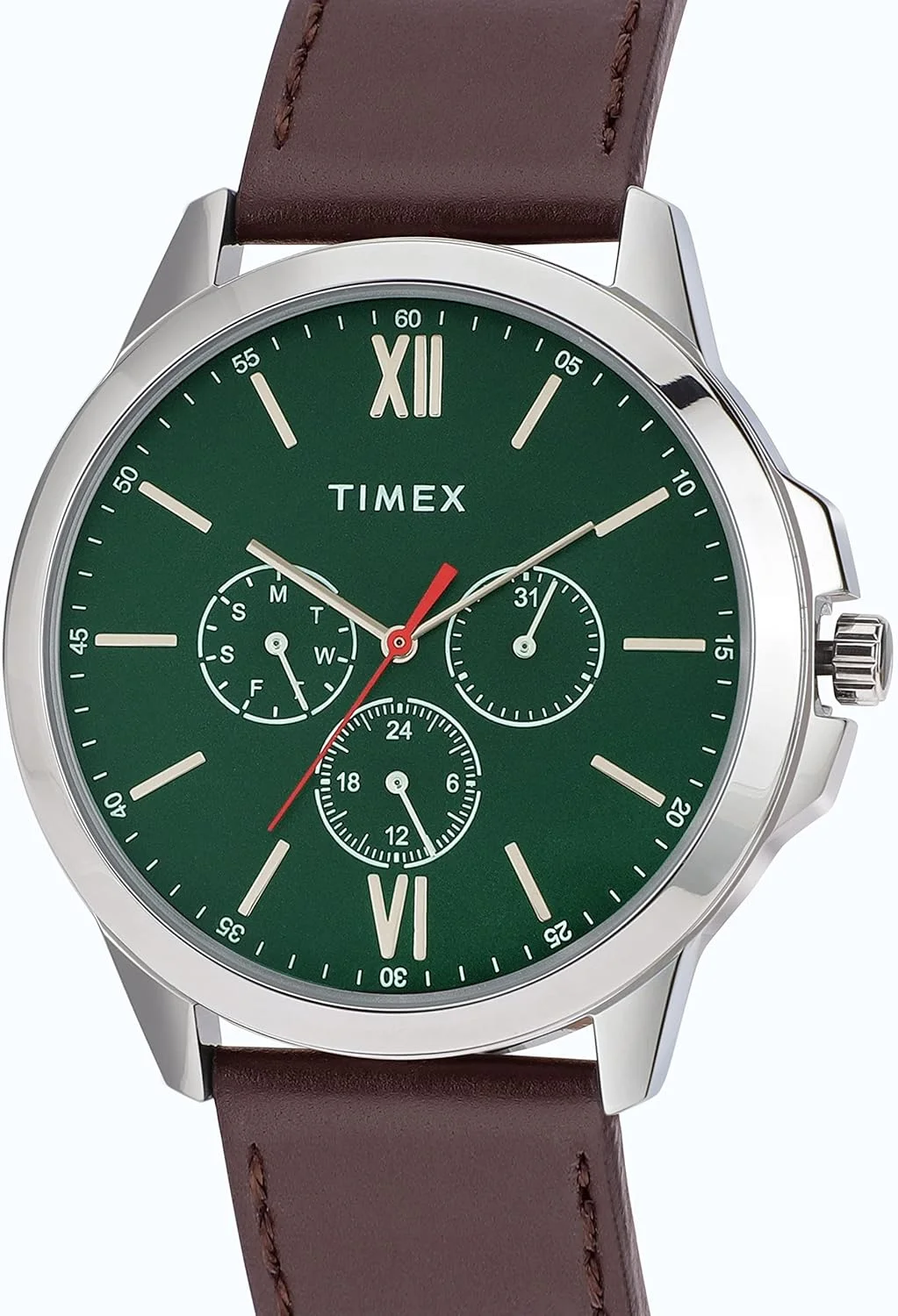 ساعت مچی آنالوگ مردانه TIMEX با صفحه گرد سبز و بند چرمی قهوه ای مقاوم در برابر آب - TWEG165SMU11