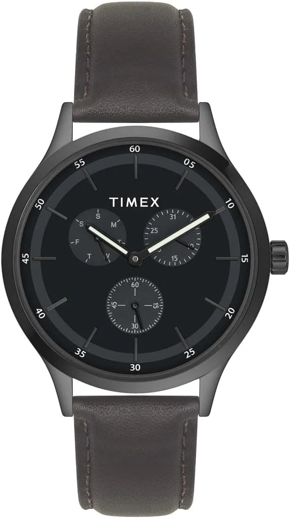 ساعت مچی آنالوگ مردانه TIMEX با صفحه گرد مشکی و بند چرمی قهوه ای مقاوم در برابر آب - TWHG03SMU13