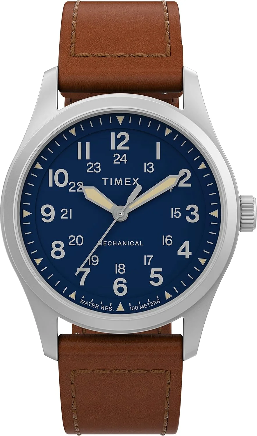 ساعت مچی مردانه آنالوگ TIMEX Expedition Field Post Mechanical Handwind با صفحه گرد آبی و بند چرمی قهوه ای مقاوم در برابر آب - TW2V00700X6