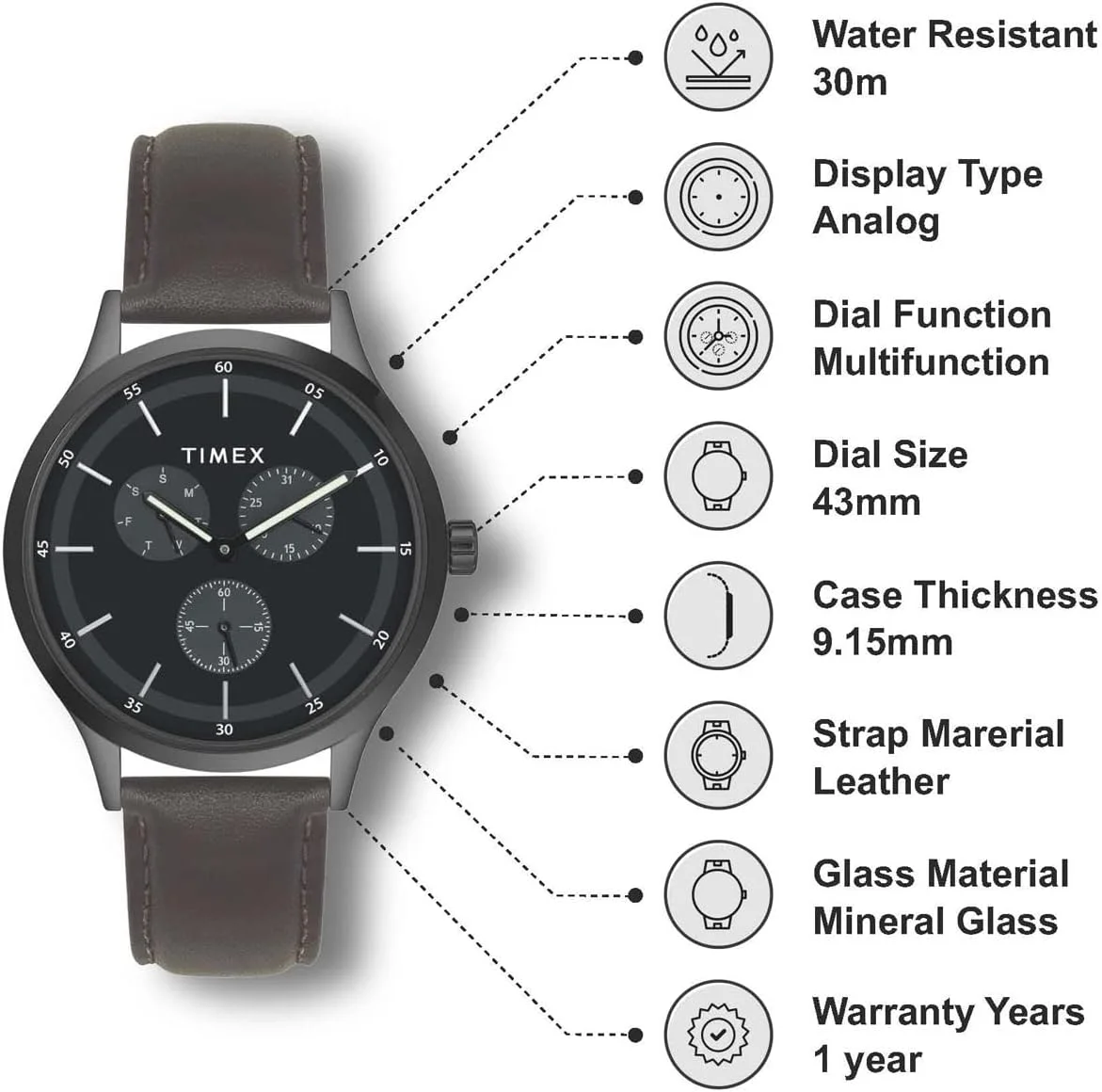 ساعت مچی آنالوگ مردانه TIMEX با صفحه گرد مشکی و بند چرمی قهوه ای مقاوم در برابر آب - TWHG03SMU13