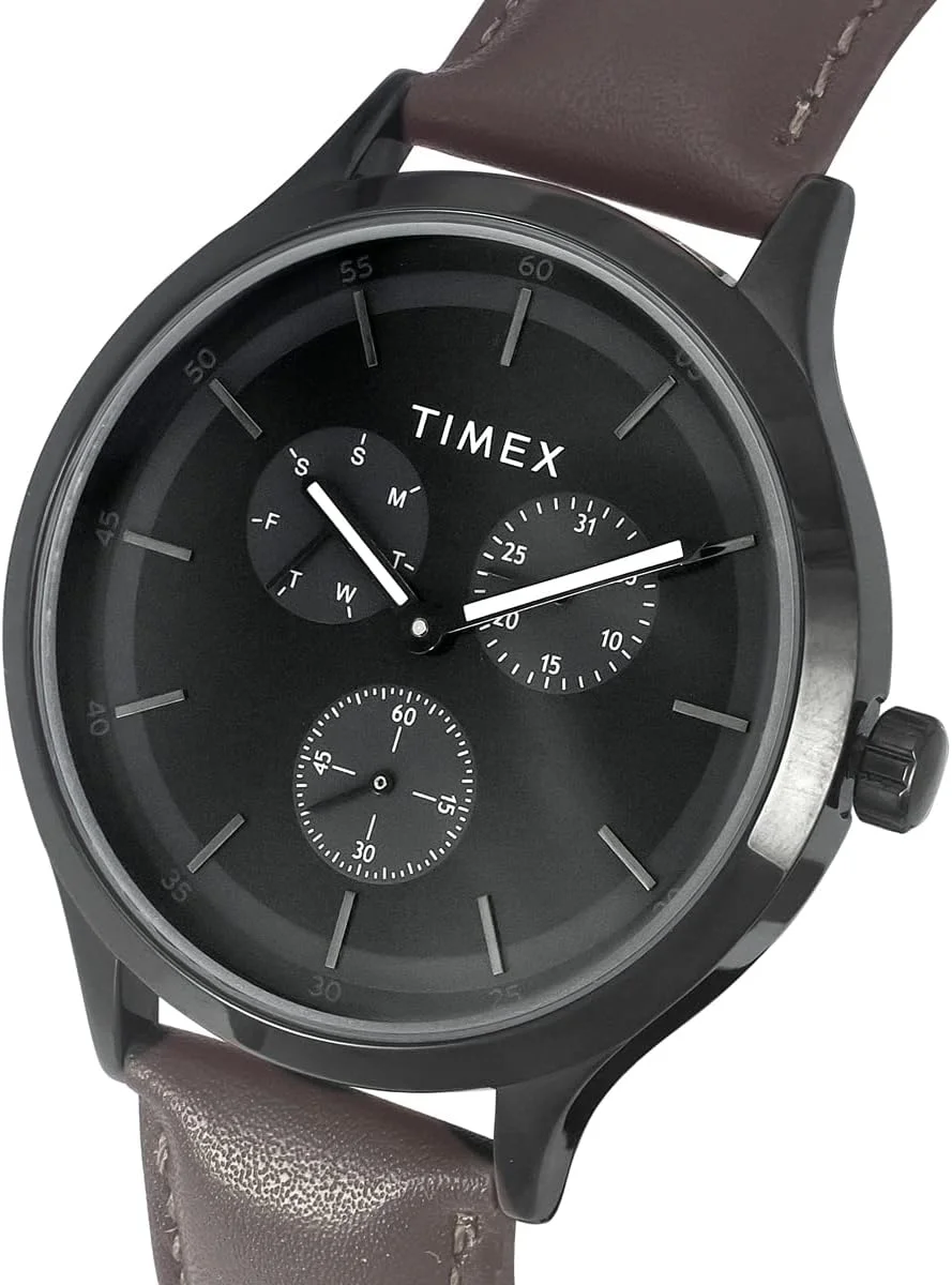ساعت مچی آنالوگ مردانه TIMEX با صفحه گرد مشکی و بند چرمی قهوه ای مقاوم در برابر آب - TWHG03SMU13