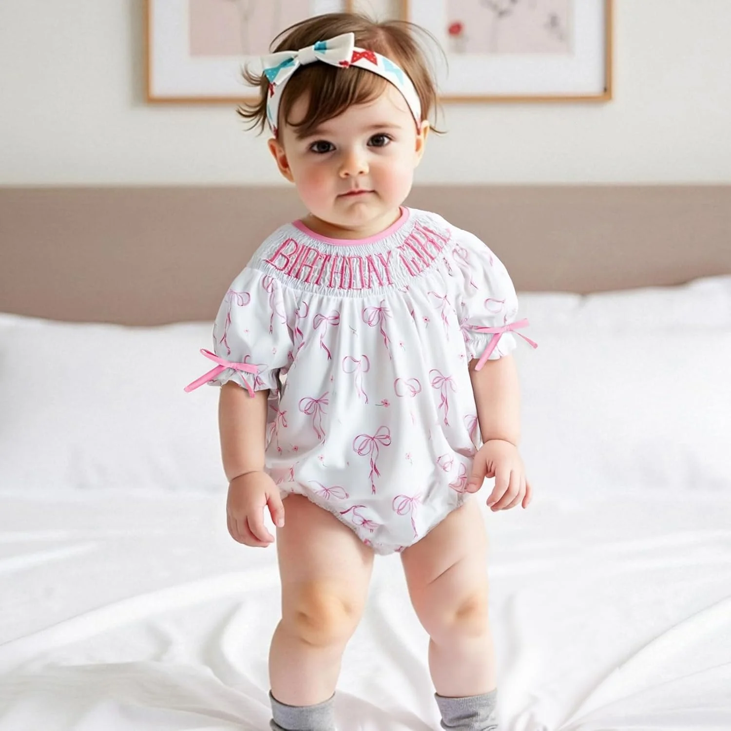 لباس تولد یک سالگی نوزاد دخترانه، لباس با طرح پاپیون، رامپر آستین کوتاه اسموکد، تاپ سرهمی لباس تولد یک سالگی نوزاد دخترانه، لباس با طرح پاپیون، رامپر آستین کوتاه اسموکد، تاپ سرهمی