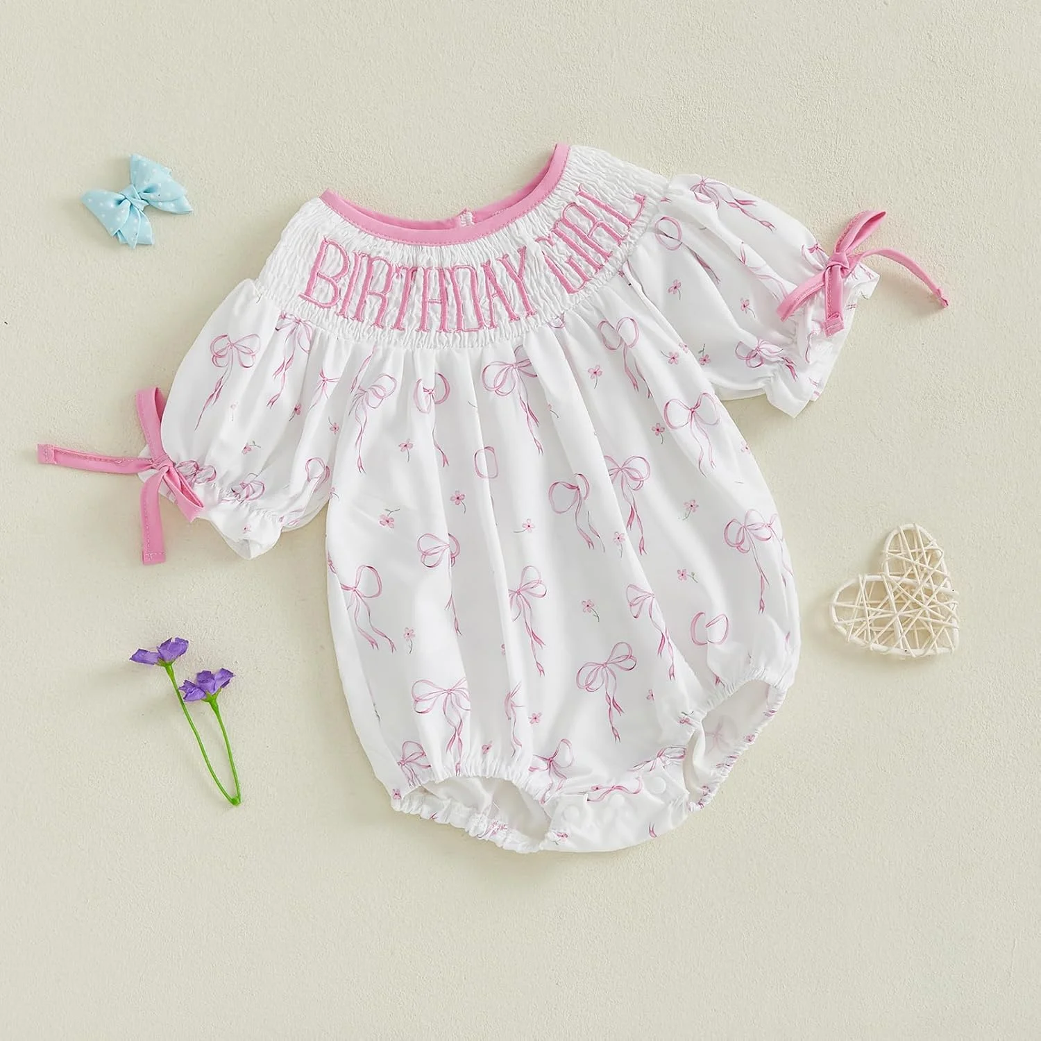 لباس تولد یک سالگی نوزاد دخترانه، لباس با طرح پاپیون، رامپر آستین کوتاه اسموکد، تاپ سرهمی لباس تولد یک سالگی نوزاد دخترانه، لباس با طرح پاپیون، رامپر آستین کوتاه اسموکد، تاپ سرهمی