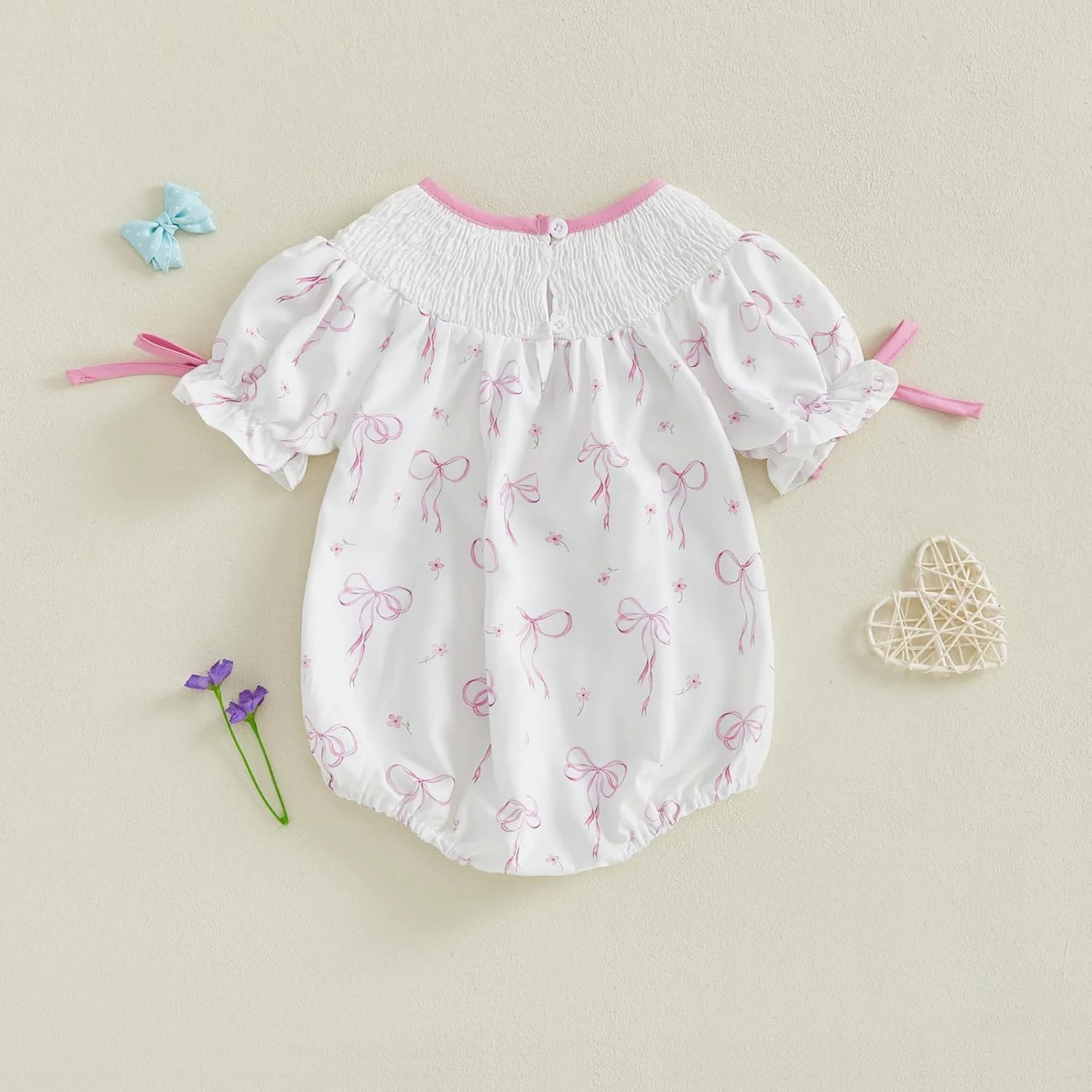 لباس تولد یک سالگی نوزاد دخترانه، لباس با طرح پاپیون، رامپر آستین کوتاه اسموکد، تاپ سرهمی لباس تولد یک سالگی نوزاد دخترانه، لباس با طرح پاپیون، رامپر آستین کوتاه اسموکد، تاپ سرهمی