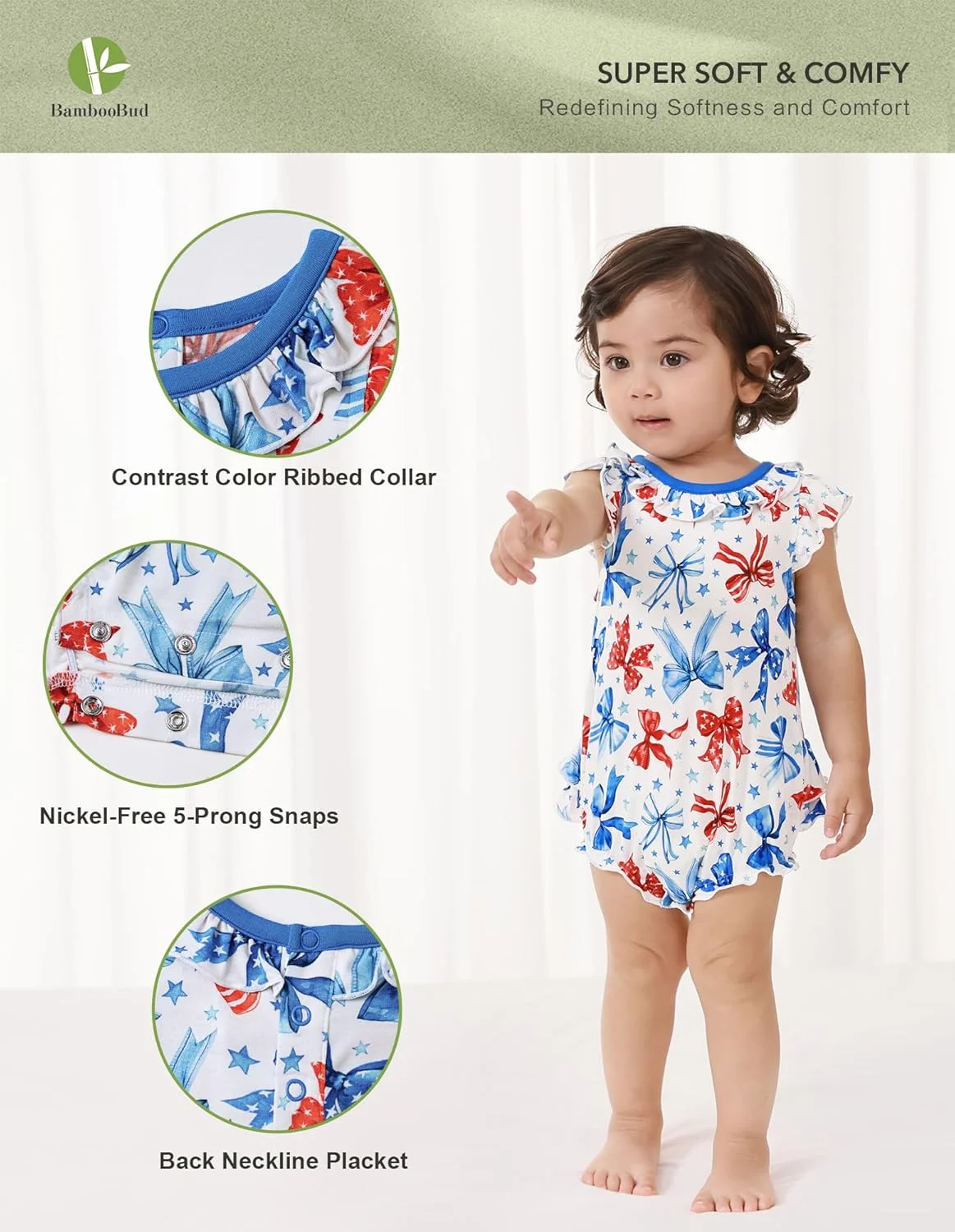 بادی دخترانه بامبو باد، لباس سرهمی بدون آستین چین دار نوزاد، لباس نرم دکمه دار تابستانی ویسکوز بامبو