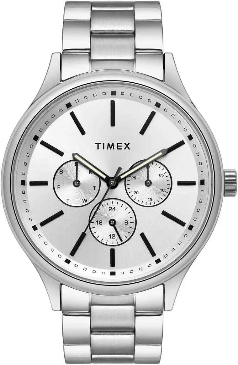 ساعت مچی آنالوگ مردانه TIMEX با صفحه گرد و ضد آب، نقره ای، کلاسیک