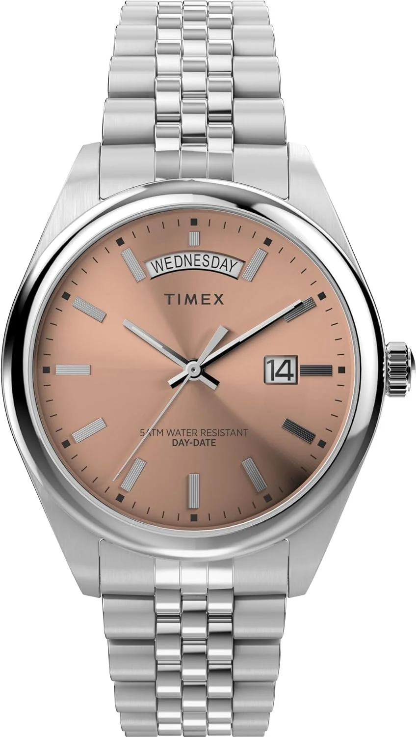ساعت مچی آنالوگ مردانه TIMEX Legacy با صفحه گرد صورتی و بند استیل ضد زنگ نقره ای مقاوم در برابر آب - TW2W42700UJ
