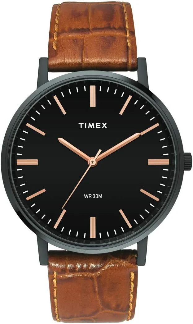 ساعت مچی آنالوگ مردانه TIMEX Classics با صفحه گرد مشکی و بند چرمی قهوه ای روشن، ضد آب - TW0TG8004