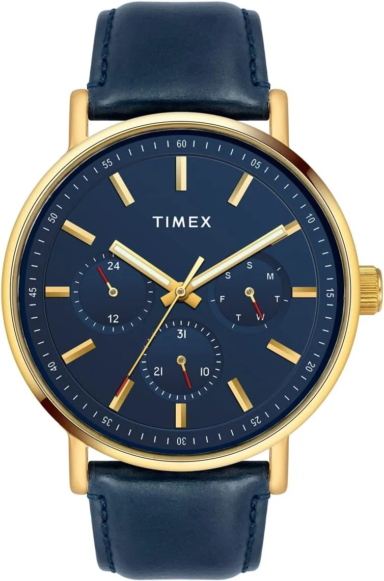 ساعت مچی آنالوگ مردانه TIMEX با صفحه گرد آبی و بند چرمی آبی مقاوم در برابر آب - TWEG20016
