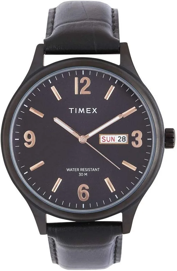 ساعت مچی آنالوگ مردانه TIMEX با صفحه گرد مشکی و بند چرمی مشکی مقاوم در برابر آب - TWEG18403